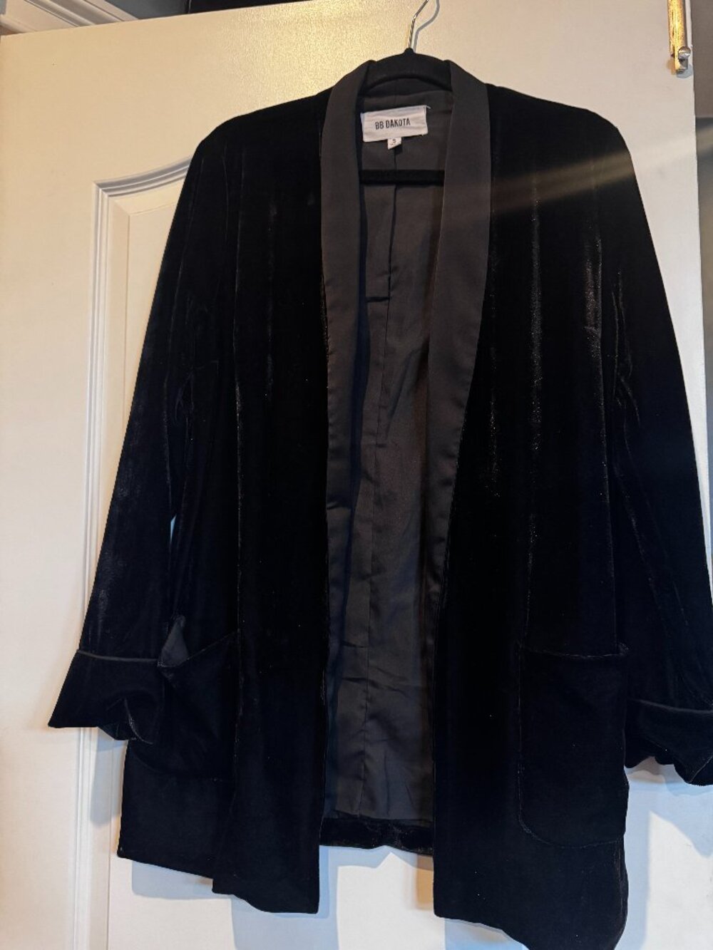 BB Dakota Black Velvet Longline Blazer Jacket Size S Satin Trim